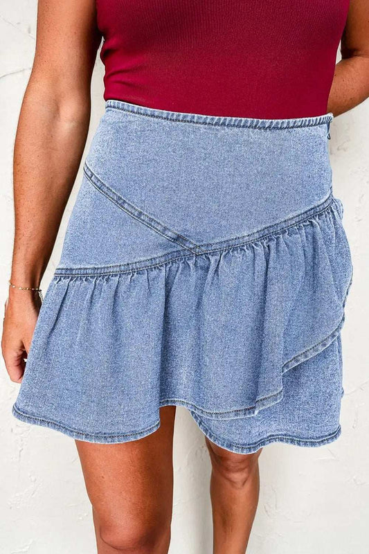 Asymmetric Ruffle Overlay Denim Mini Skirt - Trendsi - Flyclothing LLC