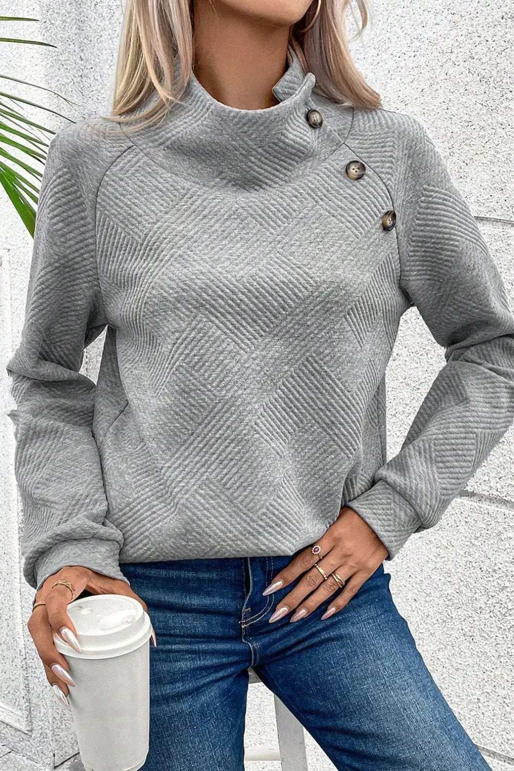 Textured Turtleneck Long Sleeve Sweatshirt - Trendsi - Flyclothing LLC