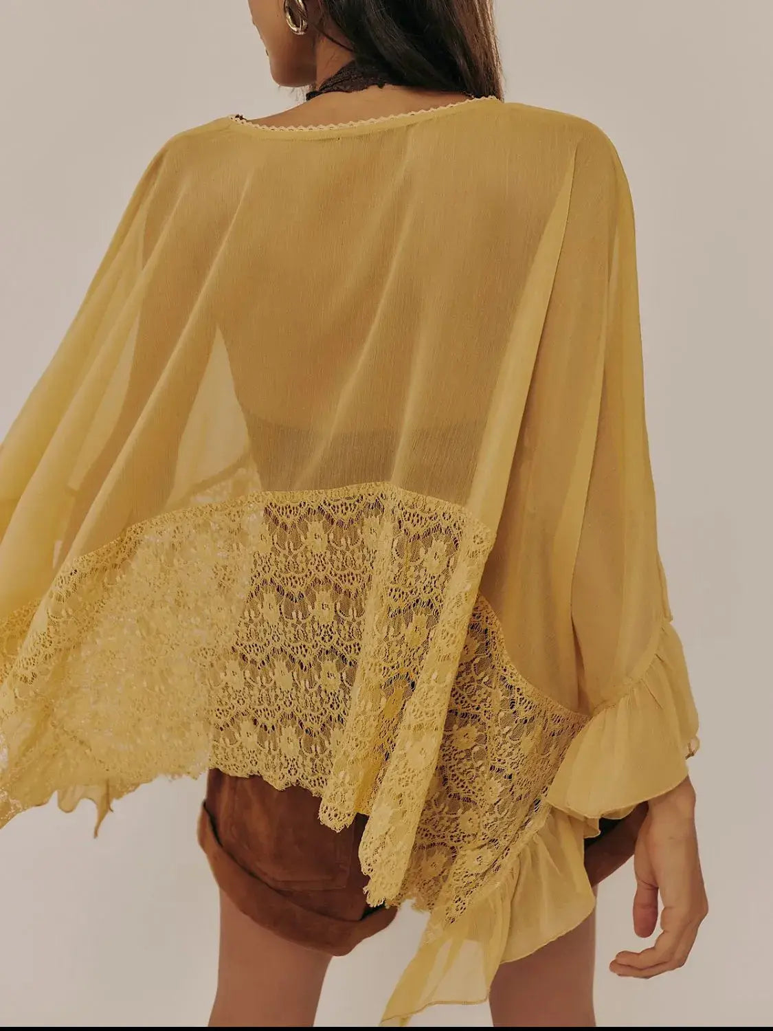 Lace V-Neck Ruffle Long Sleeve Cover-Up - Trendsi - Flyclothing LLC