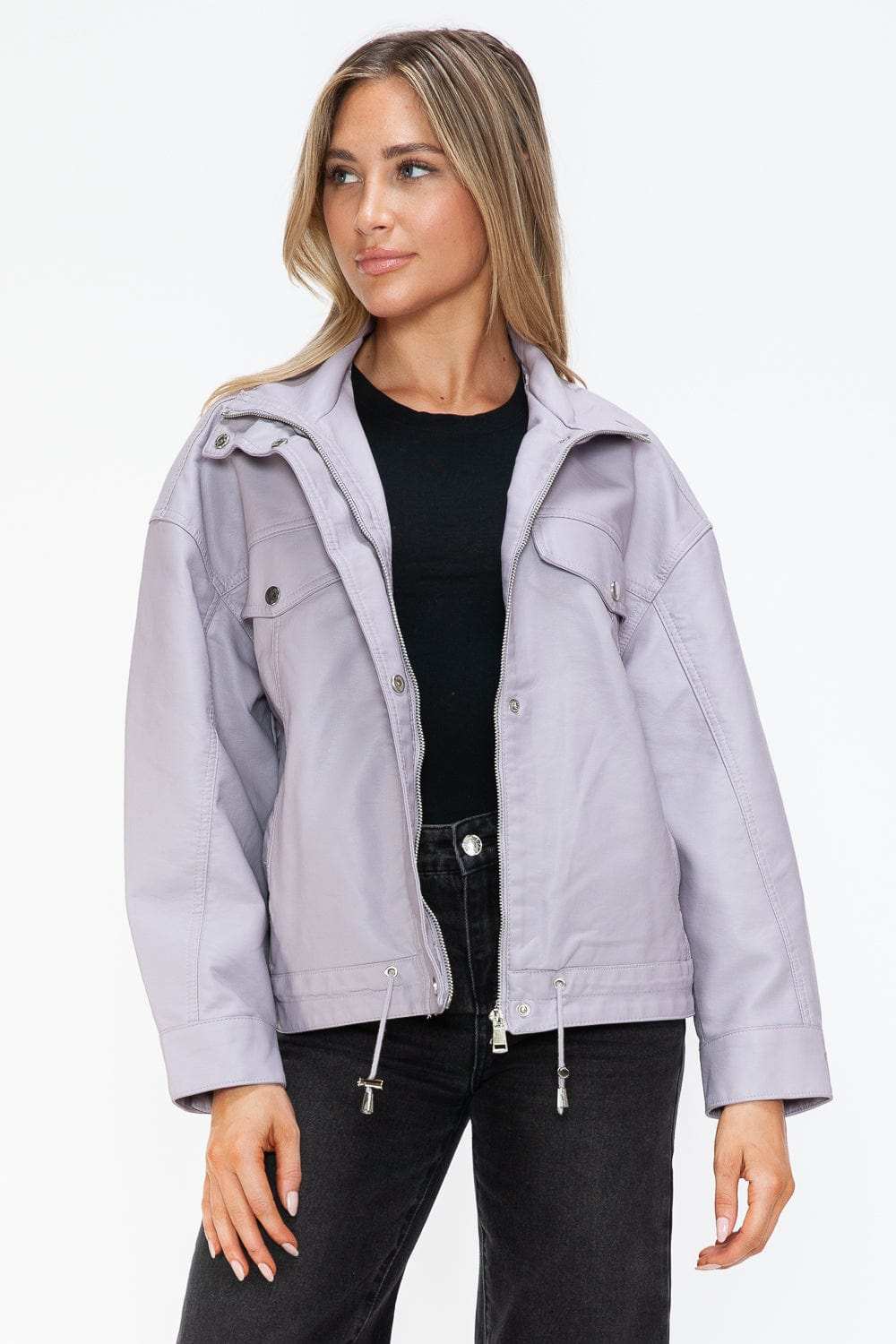How Dare U Drawstring Hem PU Leather Zip Up Jacket - Trendsi - Flyclothing LLC