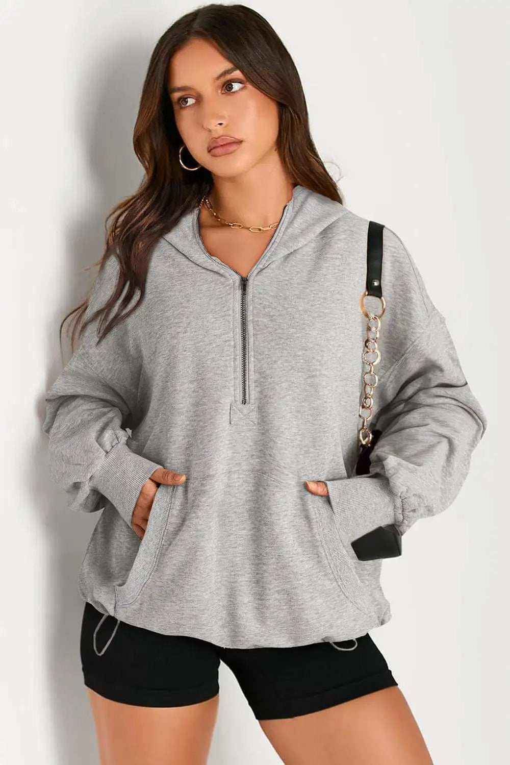Pocketed Half Zip Long Sleeve Hoodie - Trendsi - Flyclothing LLC