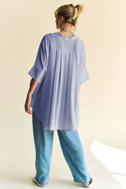 Davi & Dani Rhinestone Pleat Back Short Sleeve Loose Fit Shirt - Trendsi - Flyclothing LLC