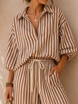 Full Size Striped Puff Sleeve Shirt and Wide-Leg Drawstring Pants Set Plus Size - Trendsi - Flyclothing LLC