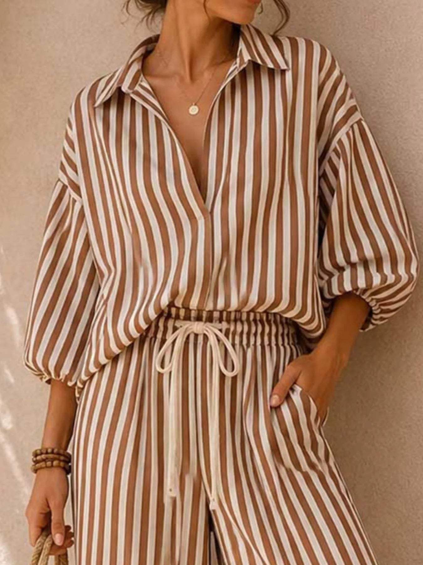Full Size Striped Puff Sleeve Shirt and Wide-Leg Drawstring Pants Set Plus Size - Trendsi - Flyclothing LLC
