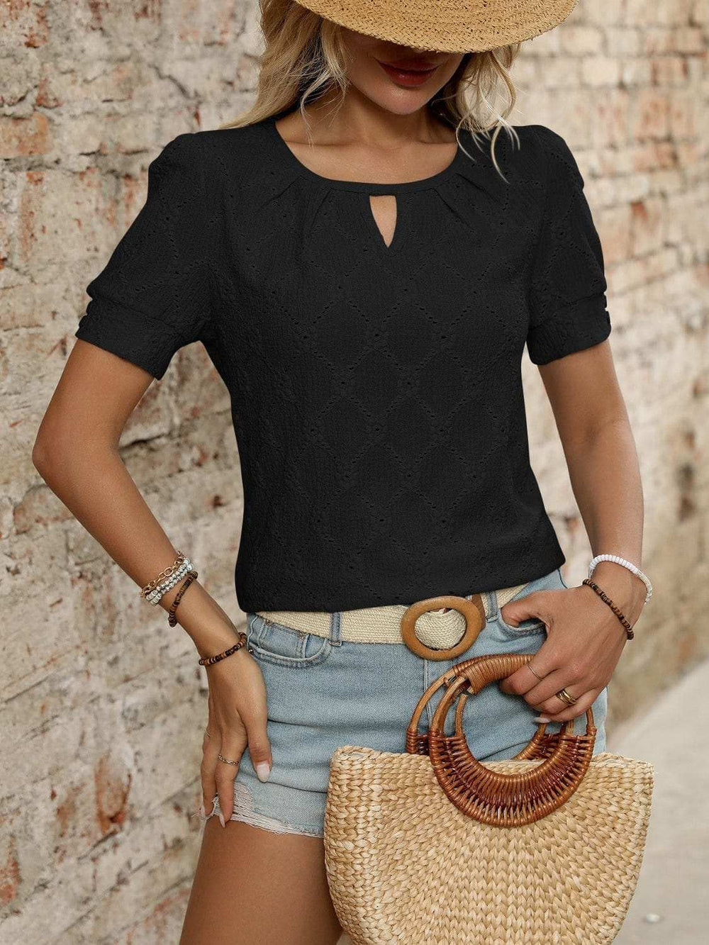 Eyelet Round Neck Short Sleeve Top - Trendsi - Flyclothing LLC