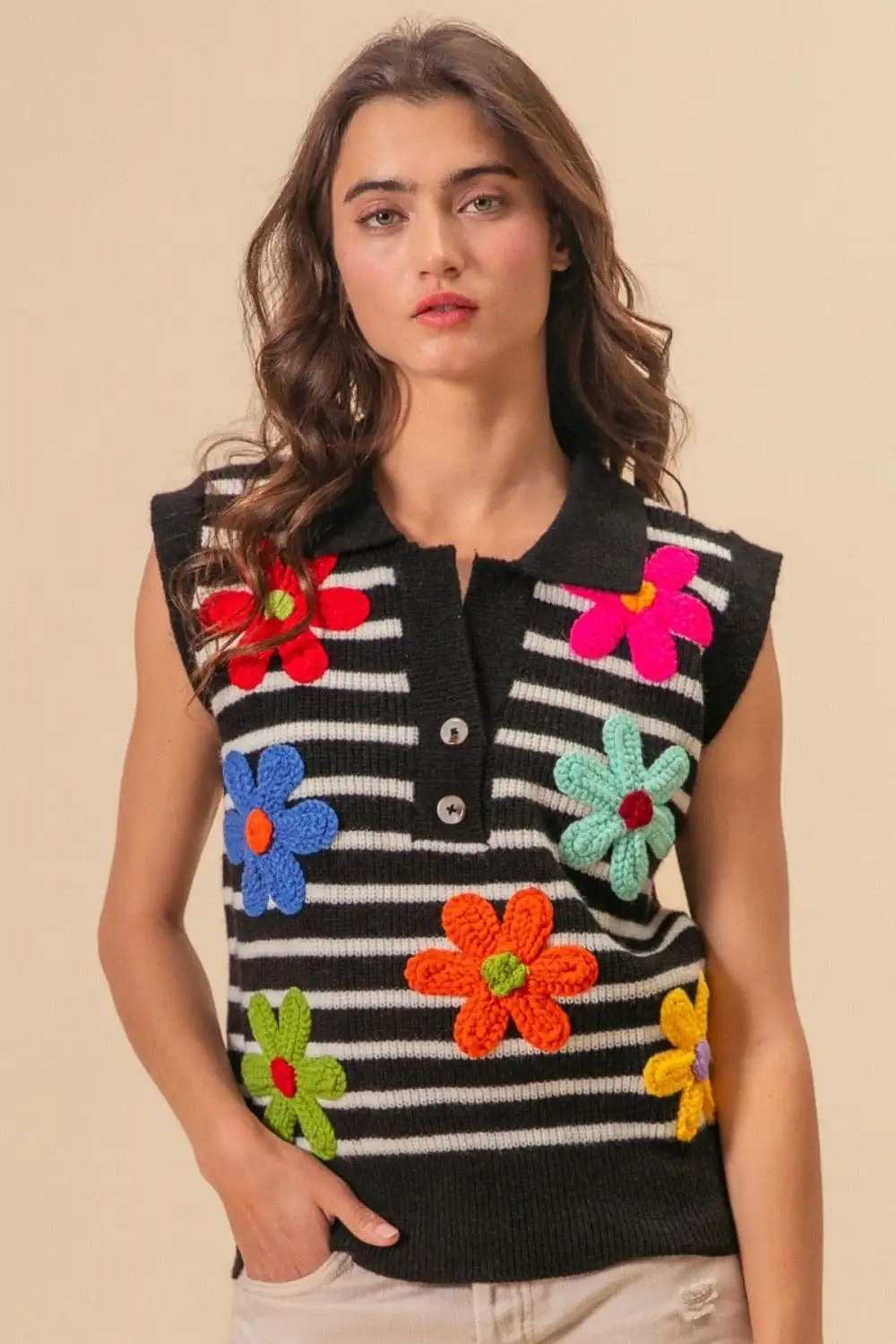 BiBi Flower Patch Striped Half Button Sweater Vest - Trendsi - Flyclothing LLC
