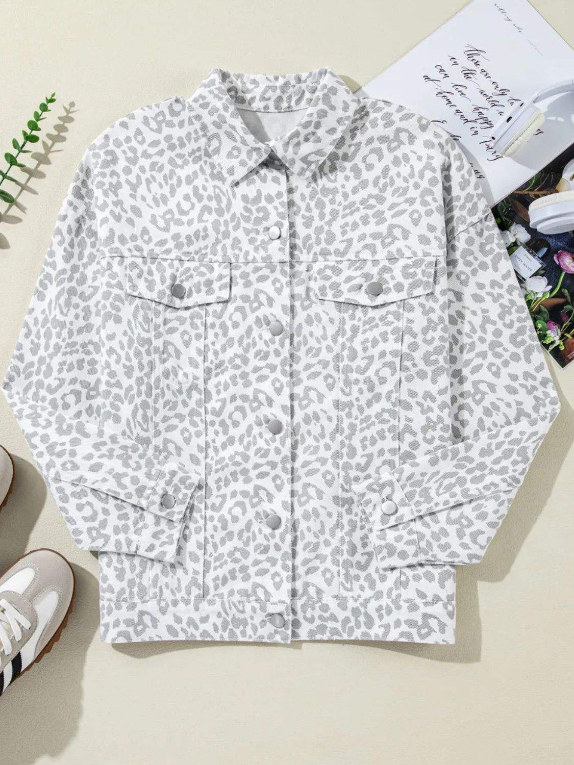 Leopard Button Up Long Sleeve Denim Jacket - Trendsi - Flyclothing LLC