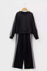 Striped Detail Crewneck Pullover Elastic Sweatpants 2pcs Outfit - Trendsi - Flyclothing LLC