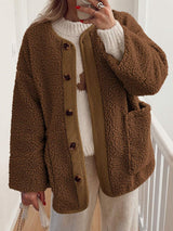 Contrast Button Up Sherpa Jacket with Pockets - Trendsi - Flyclothing LLC