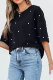 Pearl Beaded Round Neck Half Sleeve T Shirt - Trendsi
