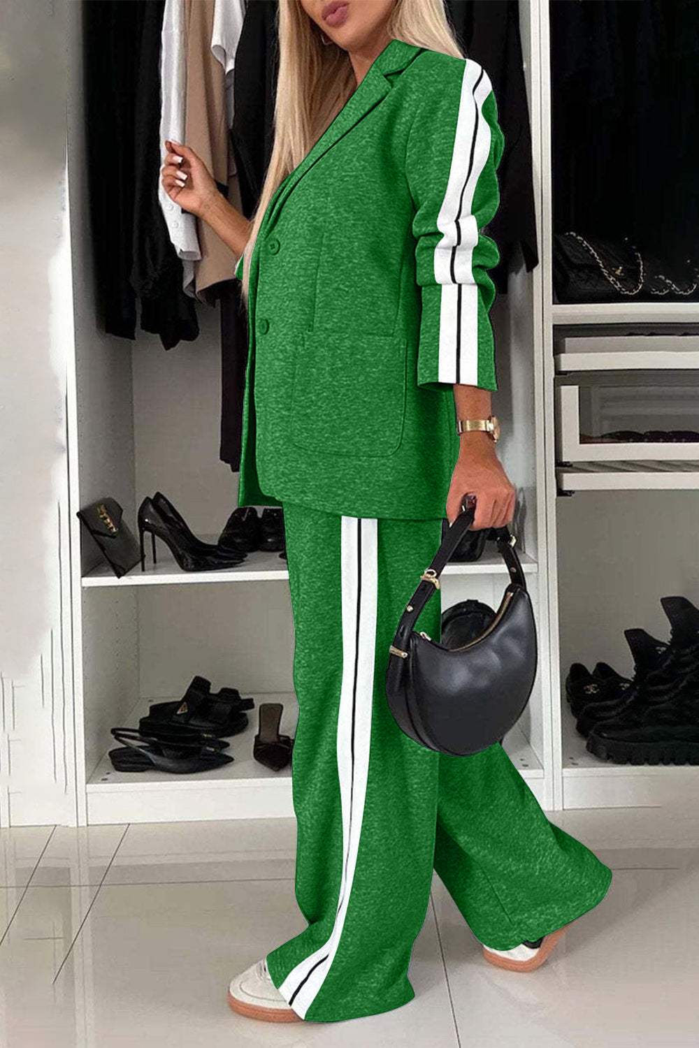 Full Size Contrast Lapel Collar Top and Pants Set - Trendsi - Flyclothing LLC