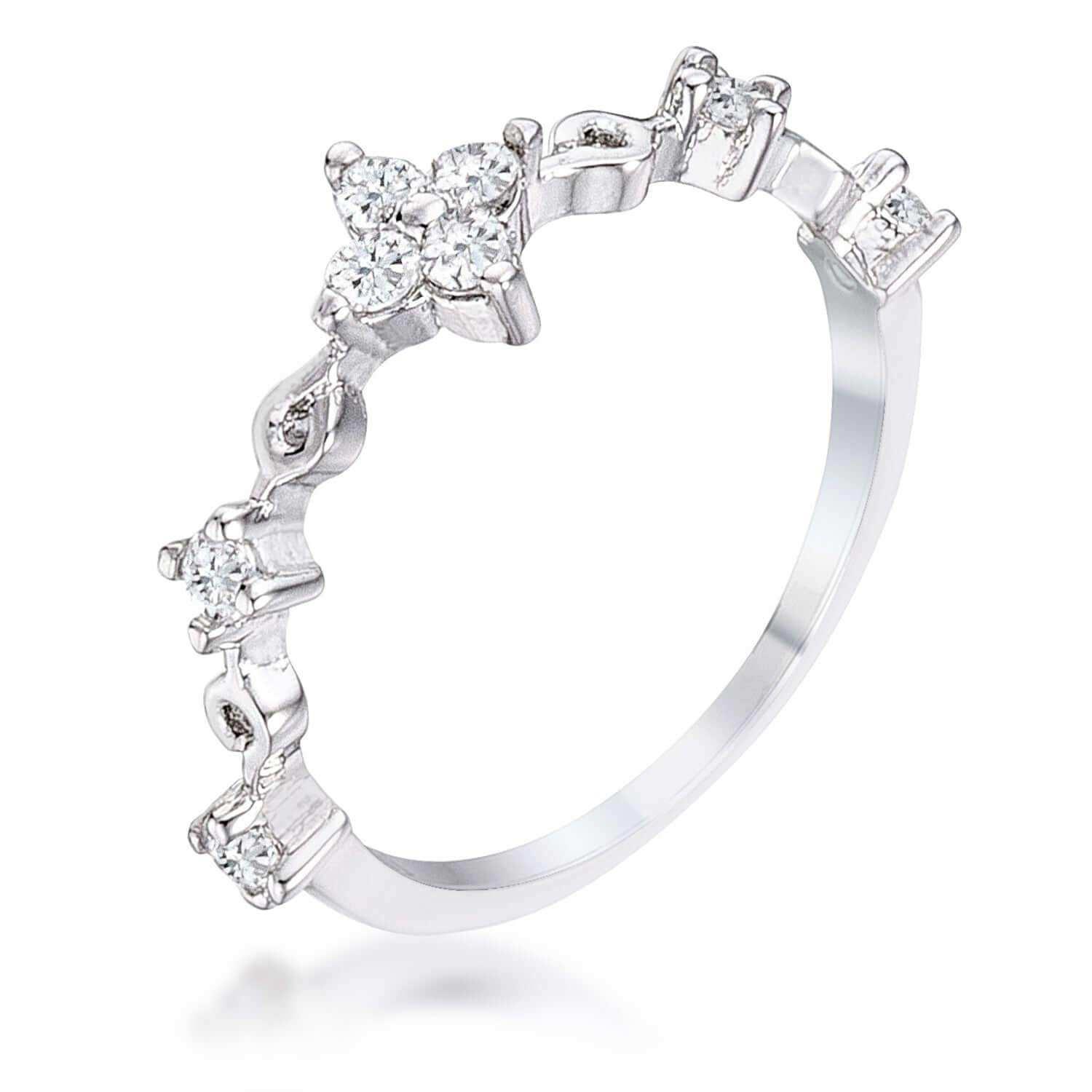 .24Ct Rhodium Plated Clear CZ Mini Floral Half Eternity Stackable Band - JGI - Flyclothing LLC