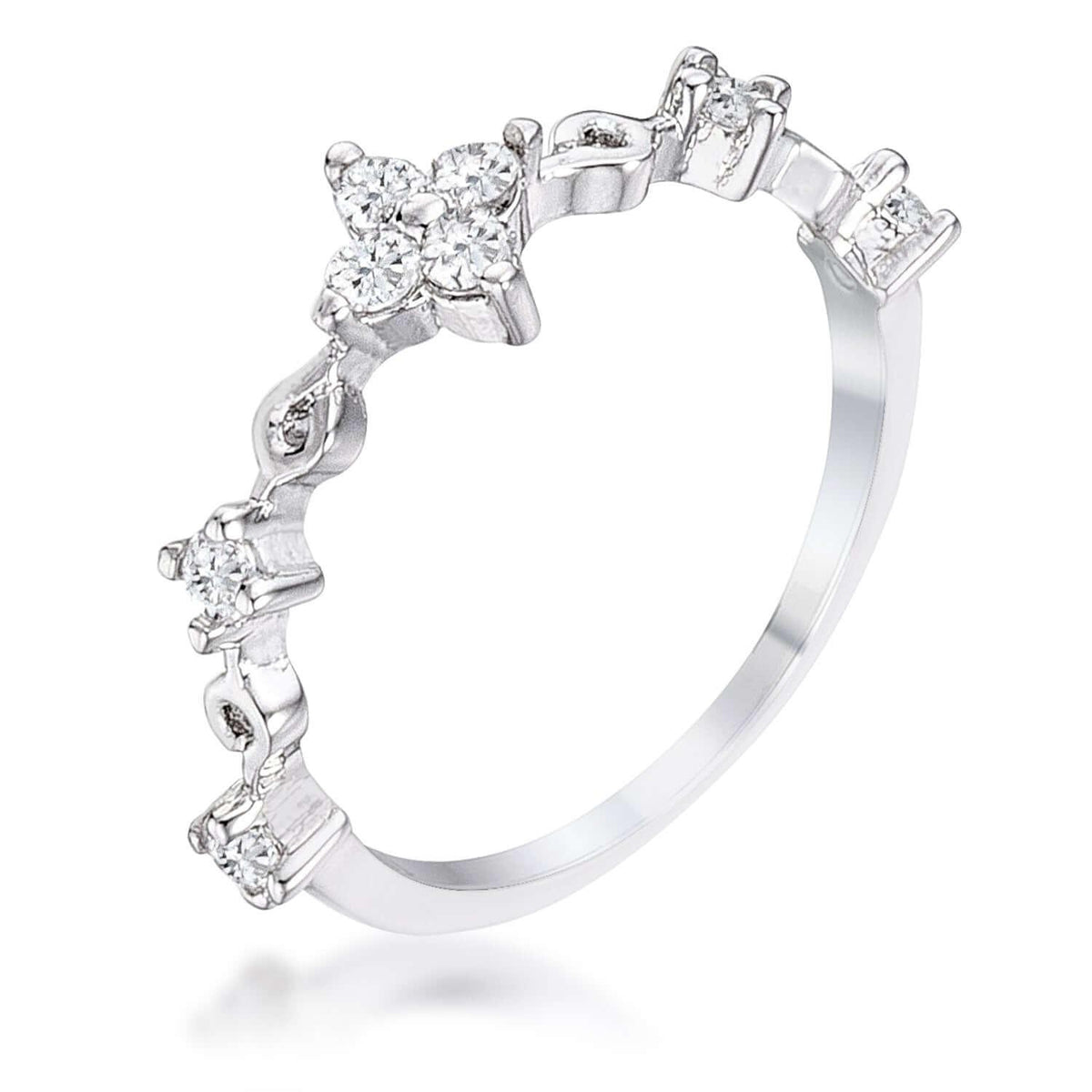 .24Ct Rhodium Plated Clear CZ Mini Floral Half Eternity Stackable Band - JGI