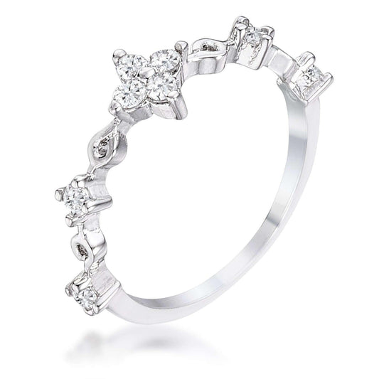 .24Ct Rhodium Plated Clear CZ Mini Floral Half Eternity Stackable Band - JGI