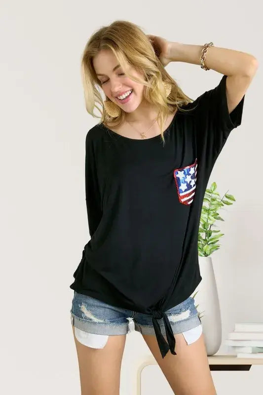 ADORA Sequin US Flag Pocketed Top - Trendsi - Flyclothing LLC