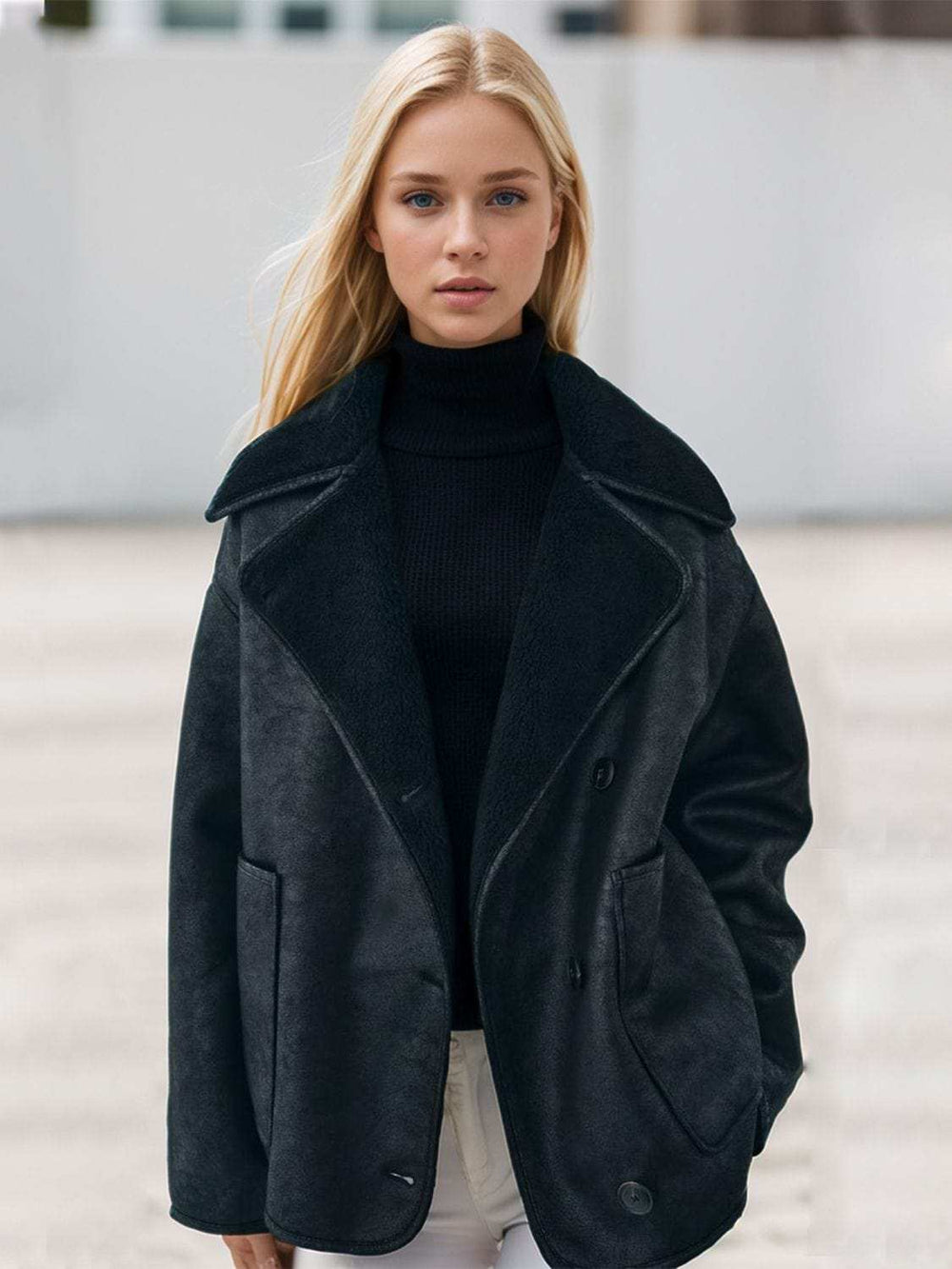 Collared Neck Long Sleeve Plush Jacket - Trendsi - Flyclothing LLC