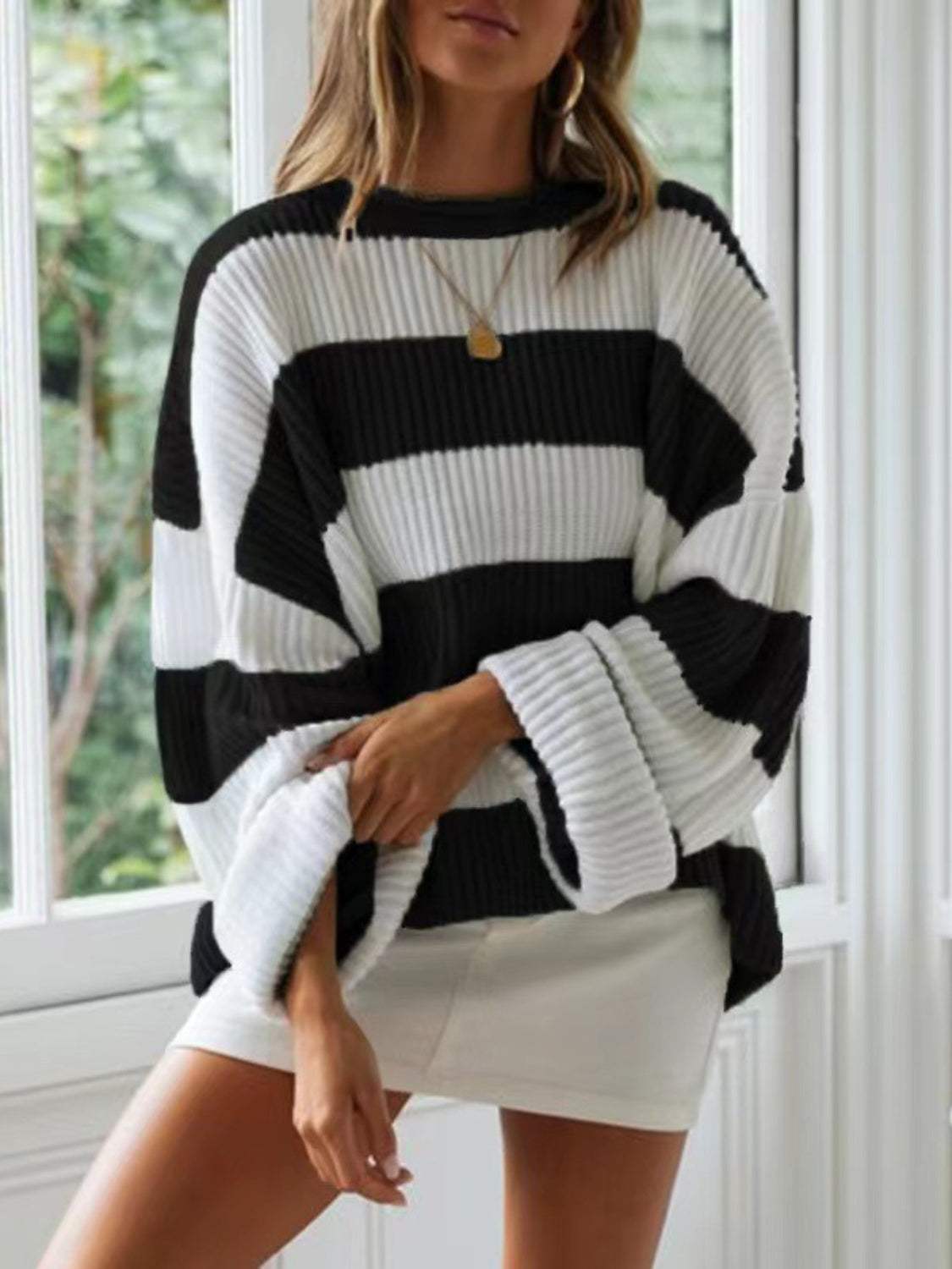 Round Neck Long Sleeve Sweater - Trendsi - Flyclothing LLC