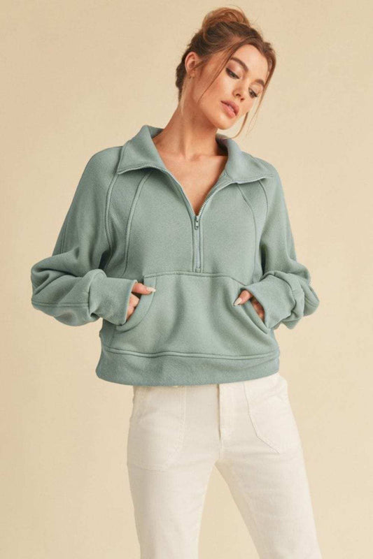 Aemi + Co Half Zip Raglan Sleeve Sweatshirt with Kangaroo Pocket - Trendsi - Flyclothing LLC