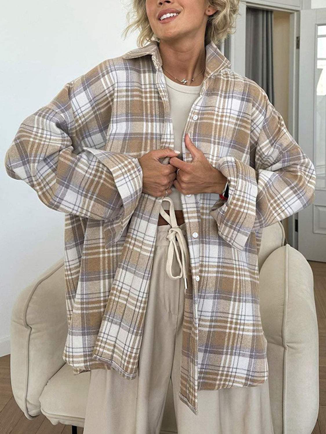 Plaid Collared Neck Dropped Shoulder Shirt - Trendsi - Flyclothing LLC