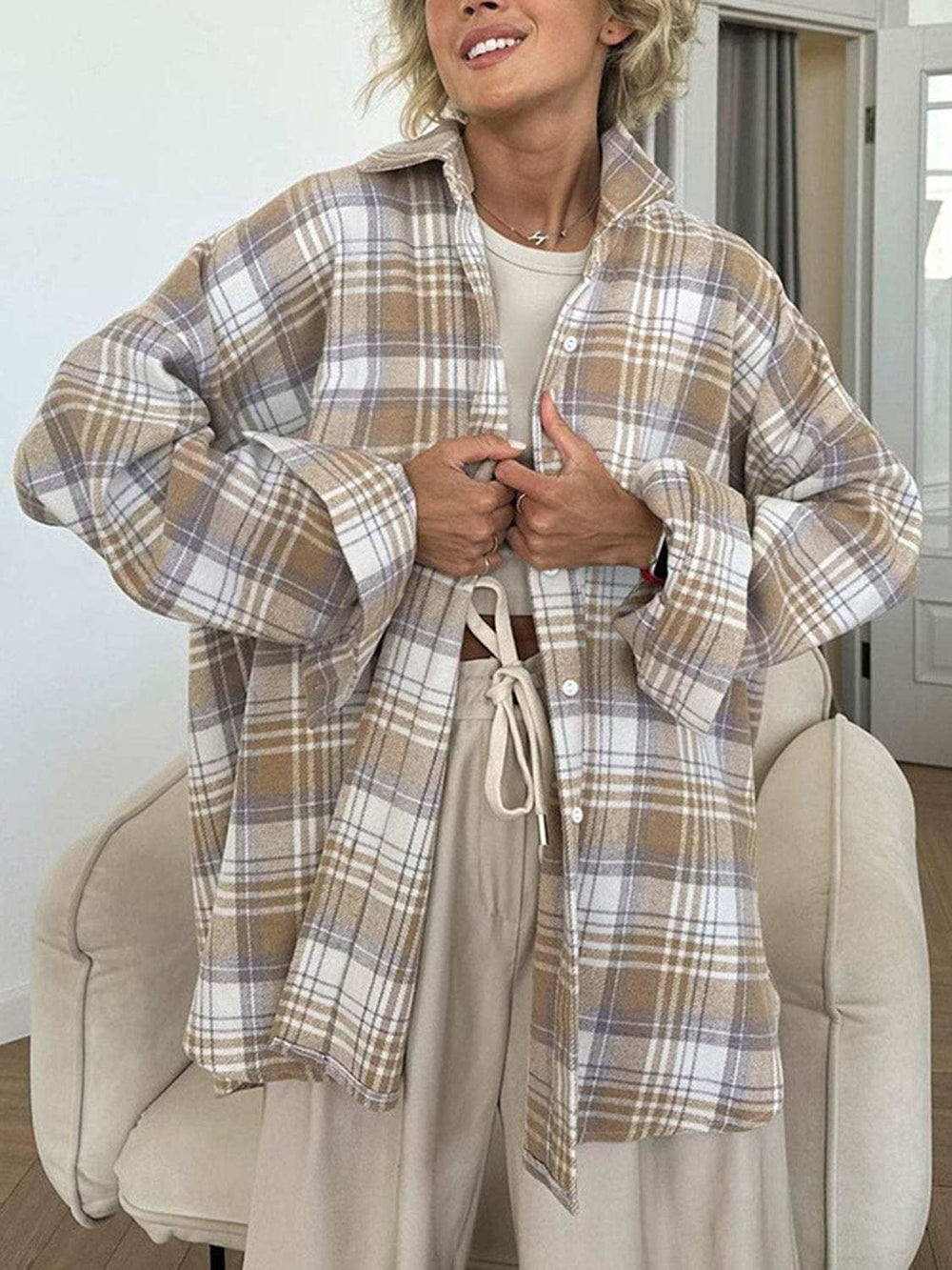 Plaid Collared Neck Dropped Shoulder Shirt - Trendsi - Flyclothing LLC