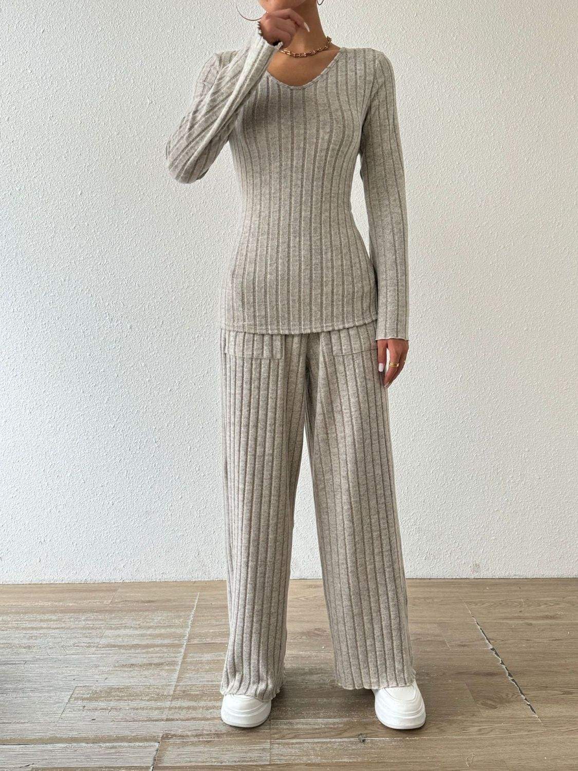Ribbed V-Neck Long Sleeve Top and Pocketed Pants Set - Trendsi - Flyclothing LLC
