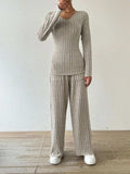 Ribbed V-Neck Long Sleeve Top and Pocketed Pants Set - Trendsi - Flyclothing LLC