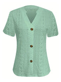 Openwork Notched Short Sleeve Top - Trendsi