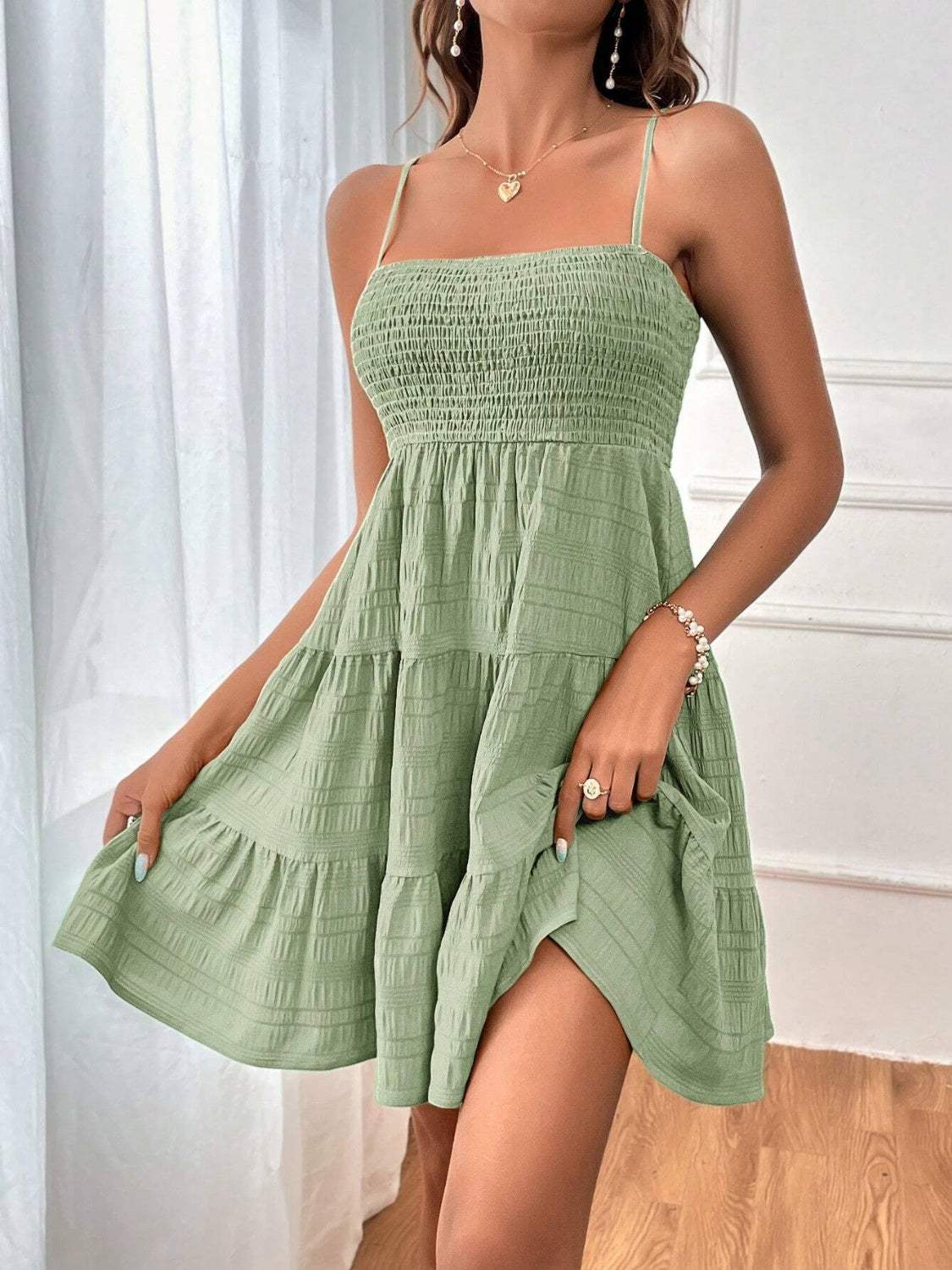 Smocked Tiered Sleeveless Mini Dress - Trendsi - Flyclothing LLC