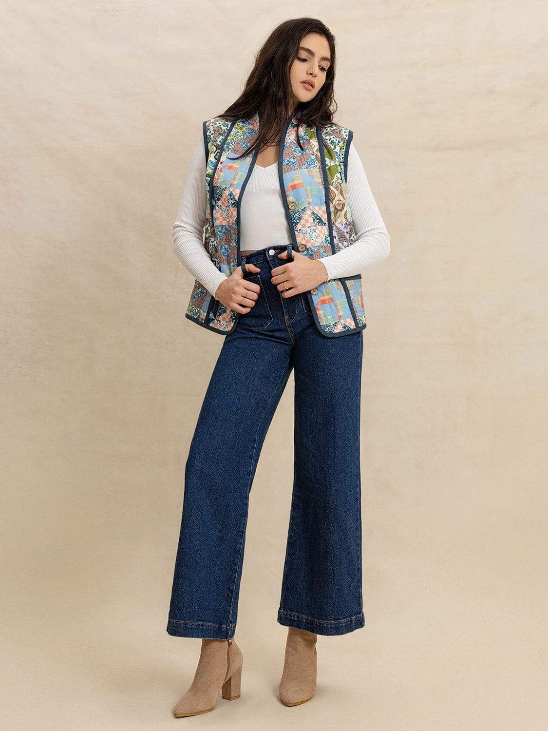 Printed Patchwork Contrast Piping Vest - Trendsi - Flyclothing LLC