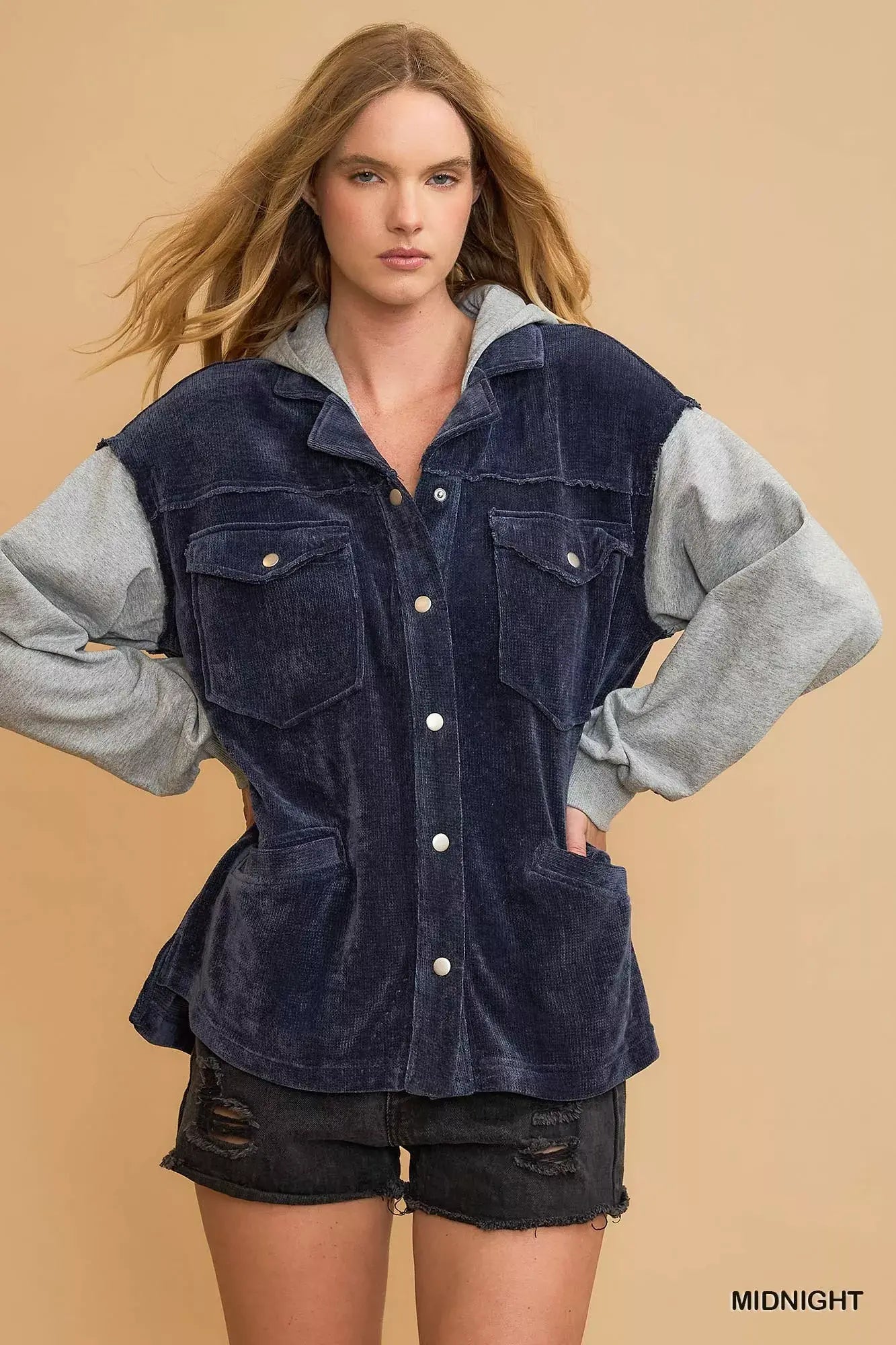 Umgee Contrast Hooded Chenille Jacket - Trendsi - Flyclothing LLC
