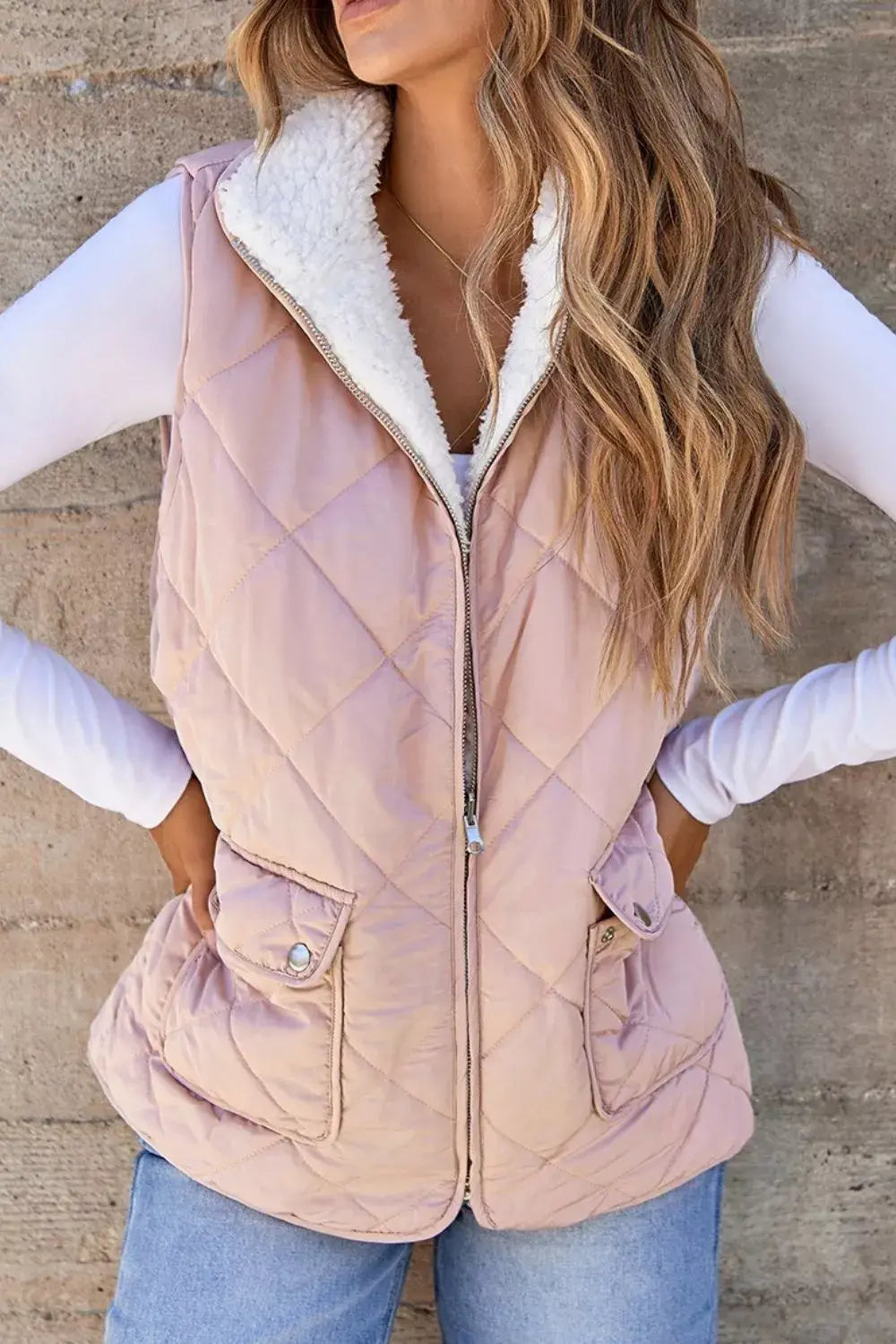 Quilted Sherpa-Lined Vest Coat - Trendsi - Flyclothing LLC