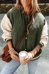 Contrast Baseball Collar Snap Down Long Sleeve Jacket - Trendsi - Flyclothing LLC