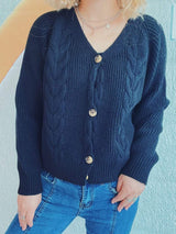Cable-Knit V-Neck Button Down Long Sleeve Cardigan - Trendsi - Flyclothing LLC