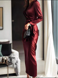 Surplice Satin Long Sleeve Dress - Trendsi - Flyclothing LLC