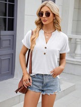 Decorative Button Notched Short Sleeve T-Shirt - Trendsi - Flyclothing LLC