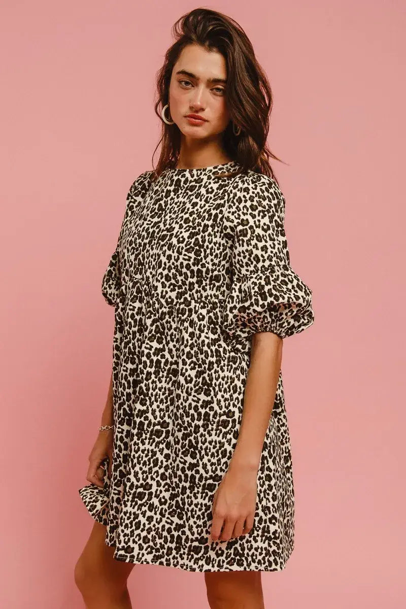 BiBi Leopard Denim Dress With Back Contrast Tie Detail - Trendsi - Flyclothing LLC
