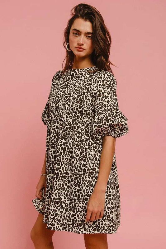 BiBi Leopard Denim Dress With Back Contrast Tie Detail - Trendsi - Flyclothing LLC