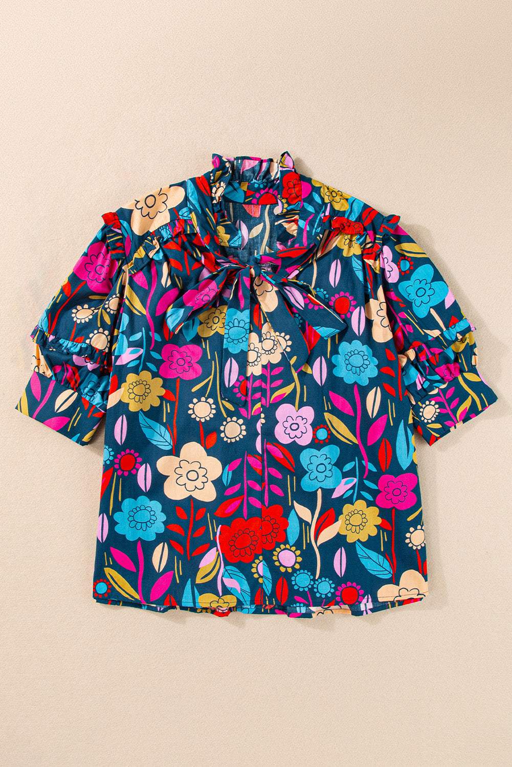 Printed Tie Neck Half Sleeve Blouse - Trendsi - Flyclothing LLC