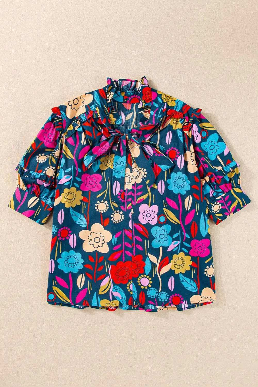 Printed Tie Neck Half Sleeve Blouse - Trendsi - Flyclothing LLC