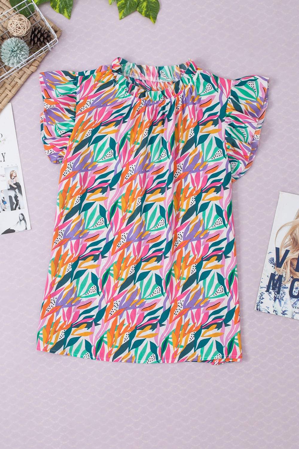 Printed Round Neck Cap Sleeve Blouse - Trendsi - Flyclothing LLC
