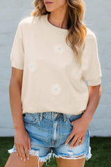 Daisy Round Neck Short Sleeve Knit Top - Trendsi - Flyclothing LLC