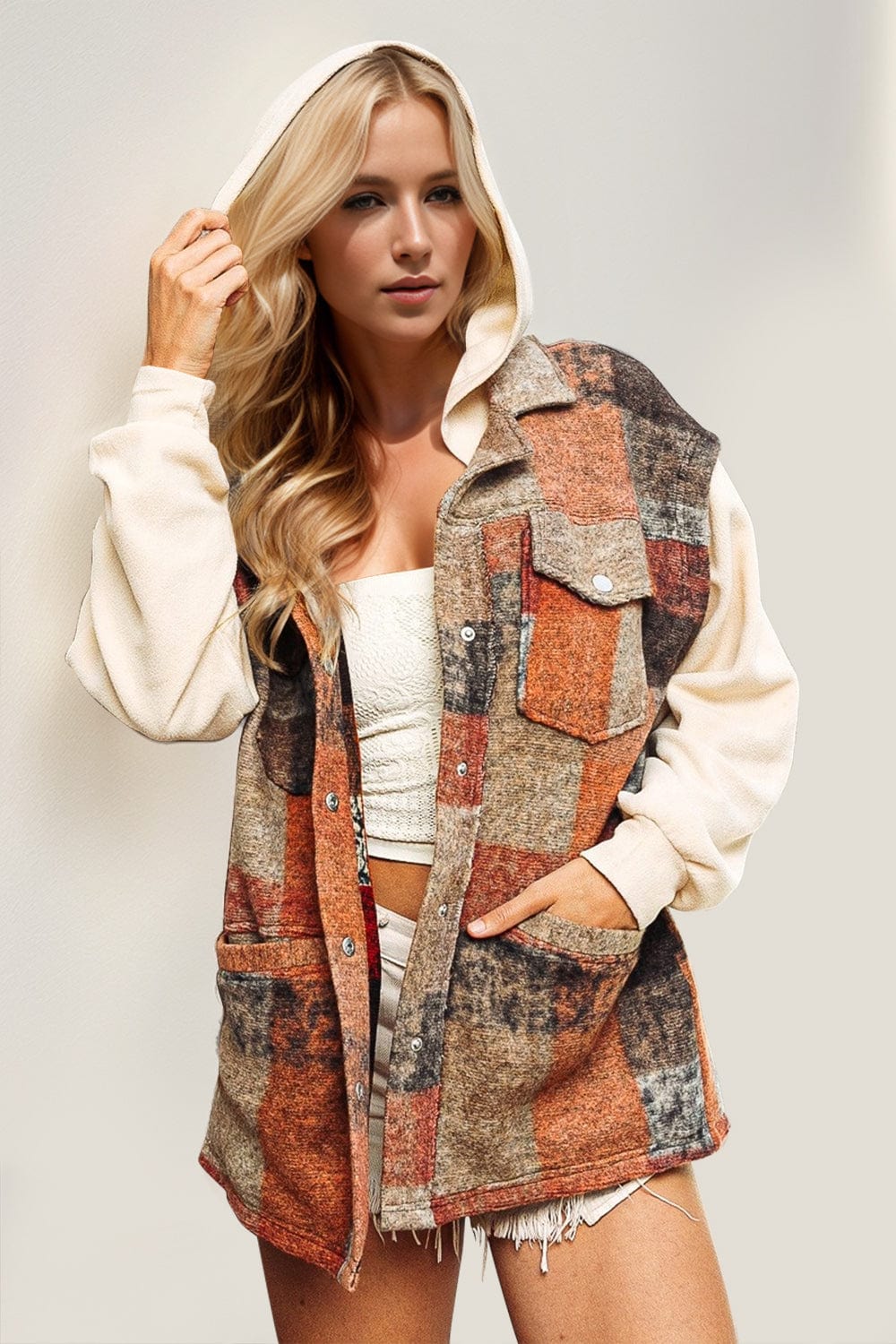 Double Take Contrast Long Sleeve Hooded Plaid Jacket - Trendsi