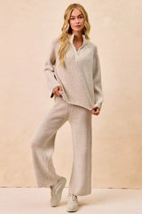 BiBi Two Tone Rib Texured Knit Collared Top with Zip Up - Trendsi - Flyclothing LLC