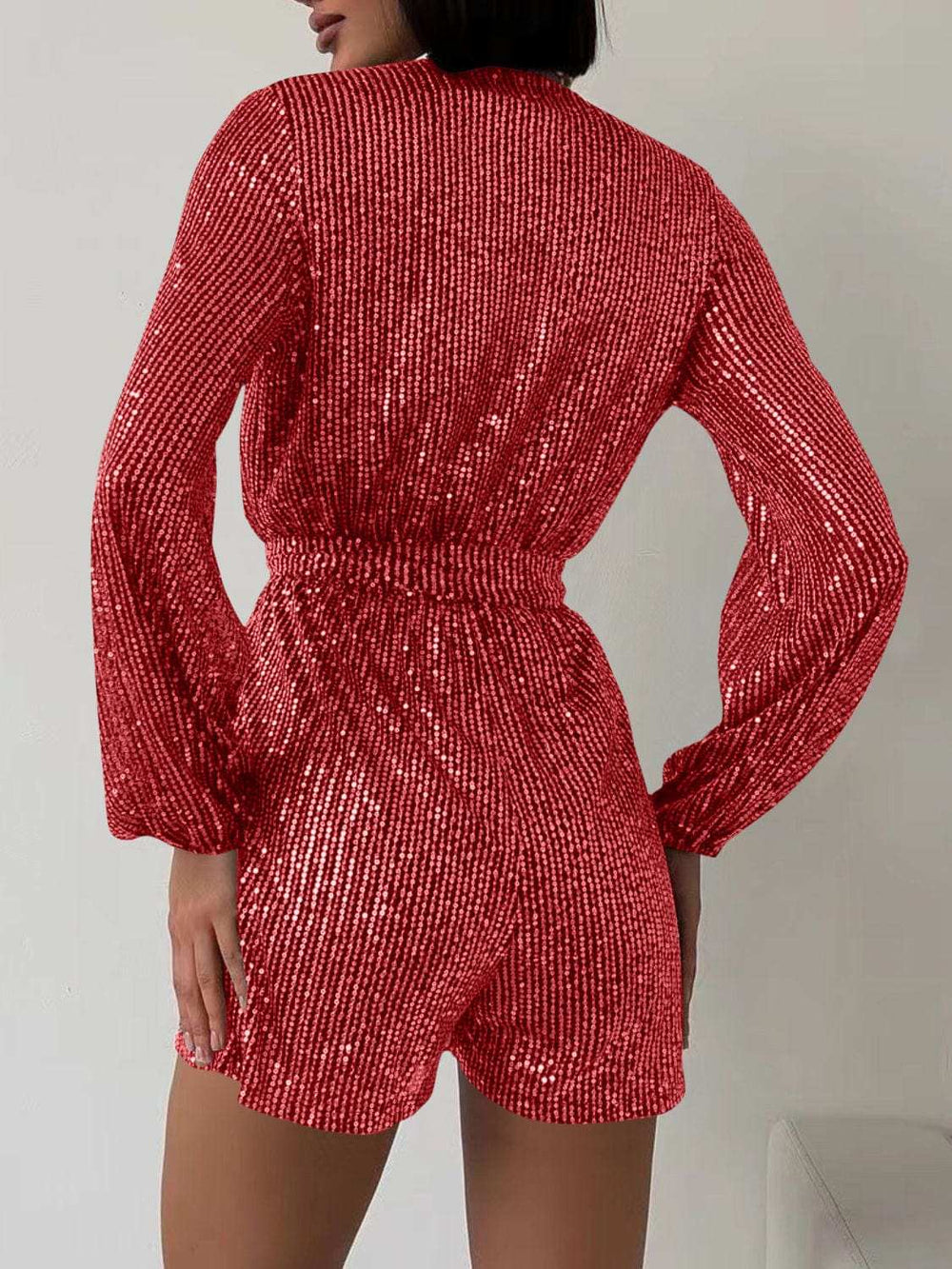 Full Size Sequin Surplice Tie Waist Long Sleeve Romper - Trendsi - Flyclothing LLC