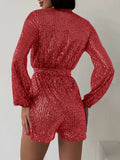 Full Size Sequin Surplice Tie Waist Long Sleeve Romper - Trendsi - Flyclothing LLC