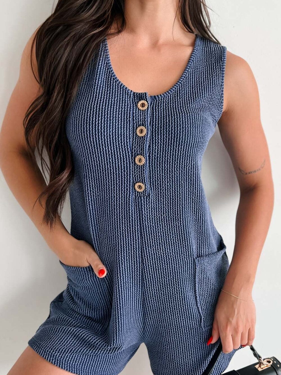 Lovelet Texture Wide Strap Romper with Pockets - Trendsi