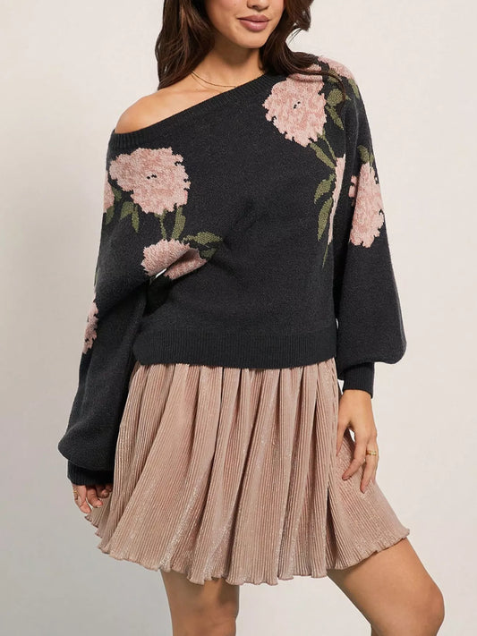 Floral Boat Neck Long Sleeve Sweater - Trendsi - Flyclothing LLC