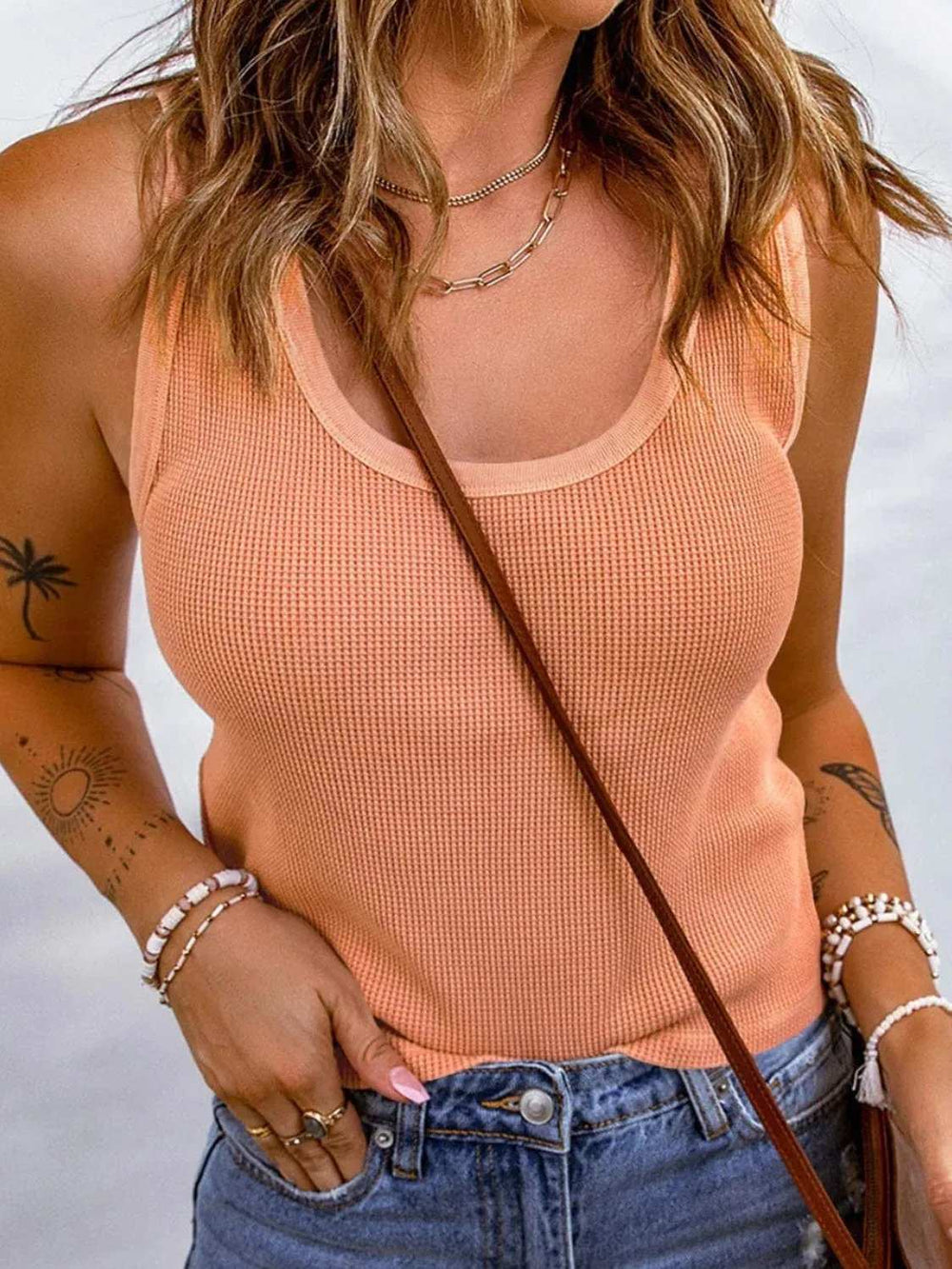 Waffle-Knit Scoop Neck Tank - Trendsi - Flyclothing LLC