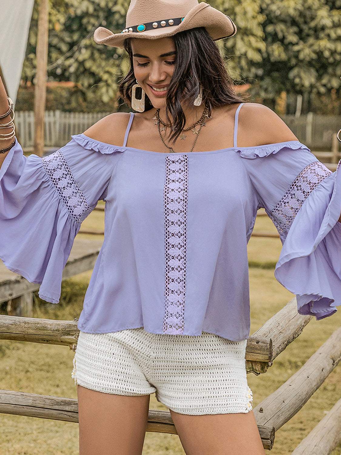 Square Neck Flare Sleeve Blouse - Trendsi - Flyclothing LLC