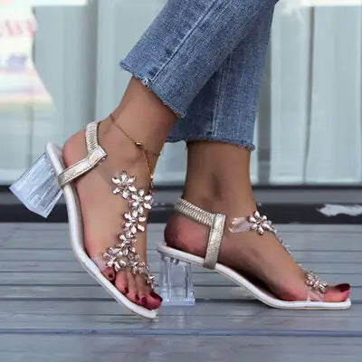 Flower Square Toe Block Heel Sandals - Trendsi - Flyclothing LLC